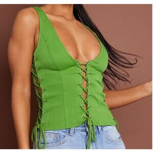 Prettylittlething lace up sexy corset tank top green festival funky Y2K Rave top